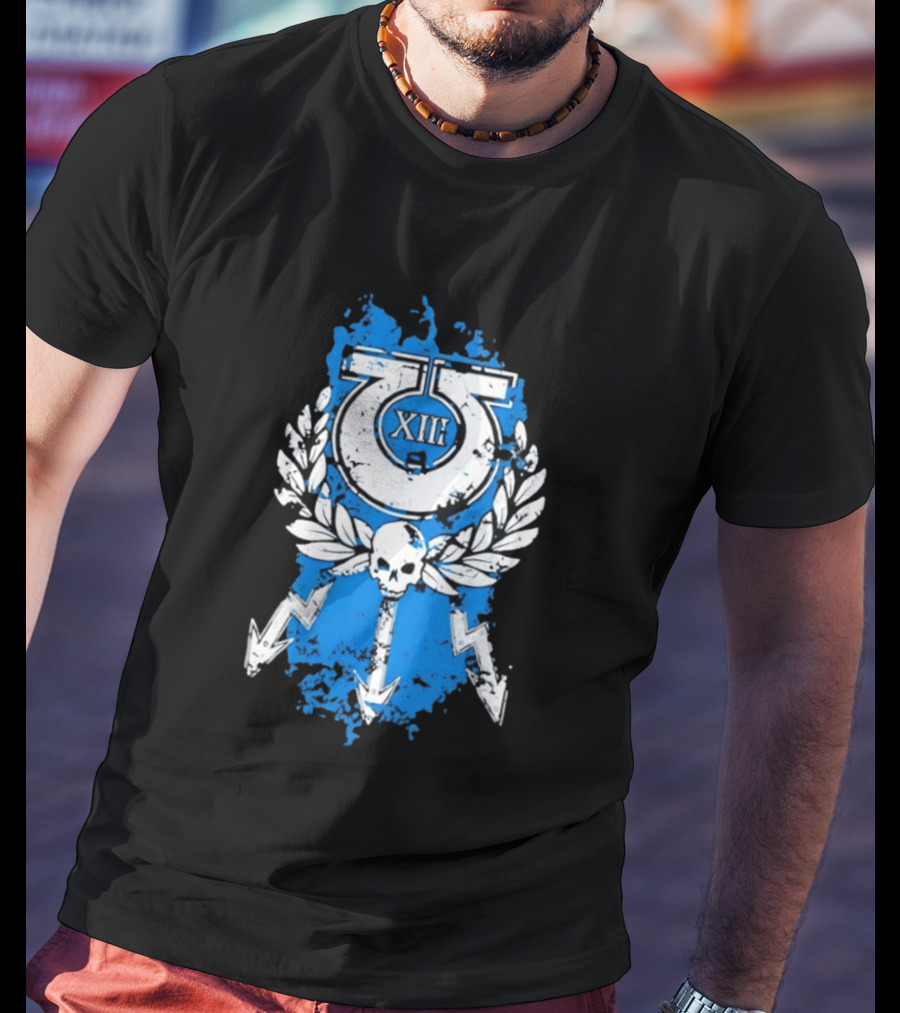XIII Ultramarines Distressed Warhammer 40k Skull Lightning Laurel T-Shirt