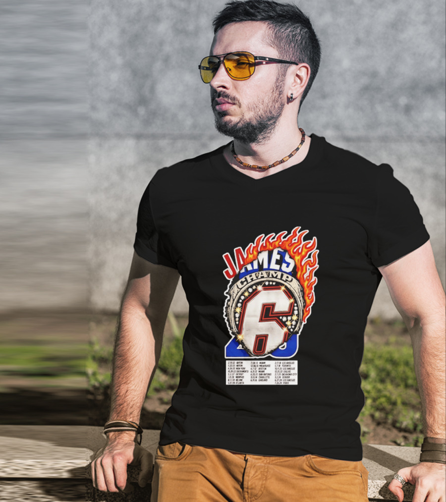 LeBron James Champ 6 Milestone Dates Cleveland Miami Los Angeles 2012 2013 2016 2020 T-Shirt