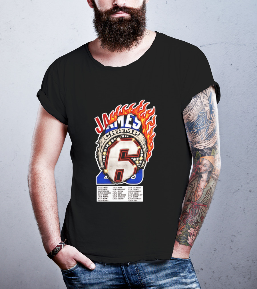LeBron James Champ 6 Milestone Dates Cleveland Miami Los Angeles 2012 2013 2016 2020 T-Shirt