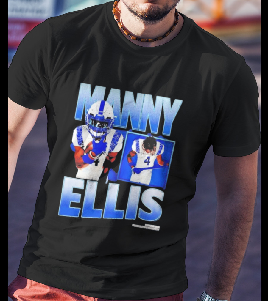 Manny Ellis Indiana State Running Back Football Jersey Number 4 Blue And White T-Shirt