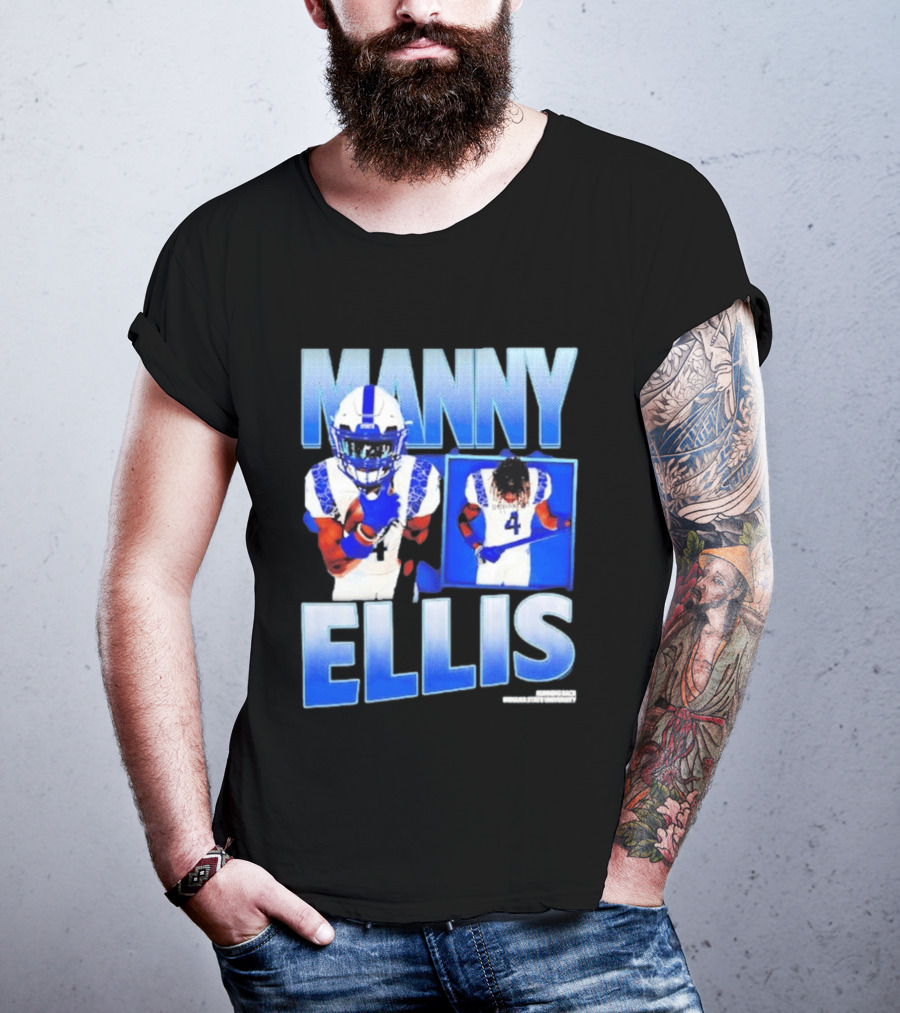 Manny Ellis Indiana State Running Back Football Jersey Number 4 Blue And White T-Shirt