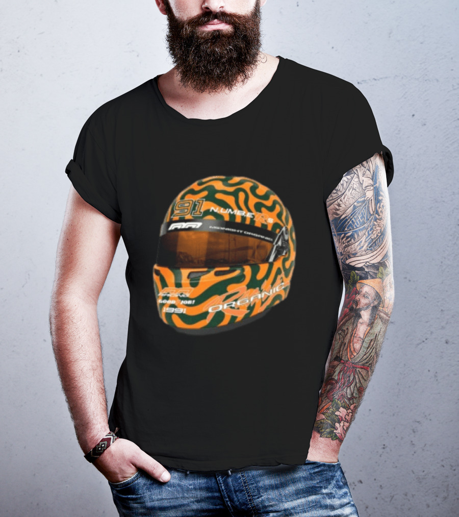 Midnight Organic Store Formula Helmet 91 Number 1991 RPM Orange Green T-Shirt