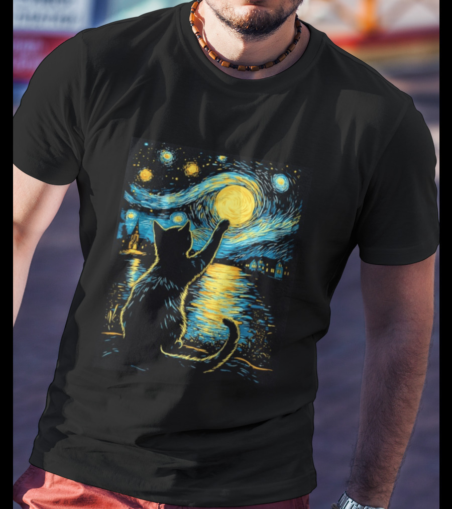 Cat Reaching For The Moon Starry Night Van Gogh Inspired Scene T-Shirt