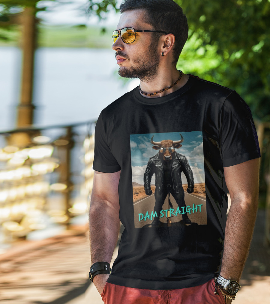 Dam Straight Charging Bull In Basquiat Style With Leather Jacket T-Shirt