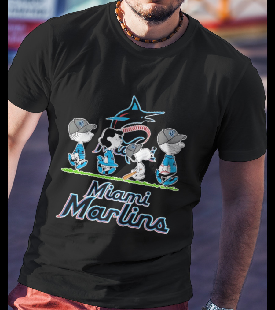 Miami Marlins Peanuts Characters Baseball Team T-Shirt