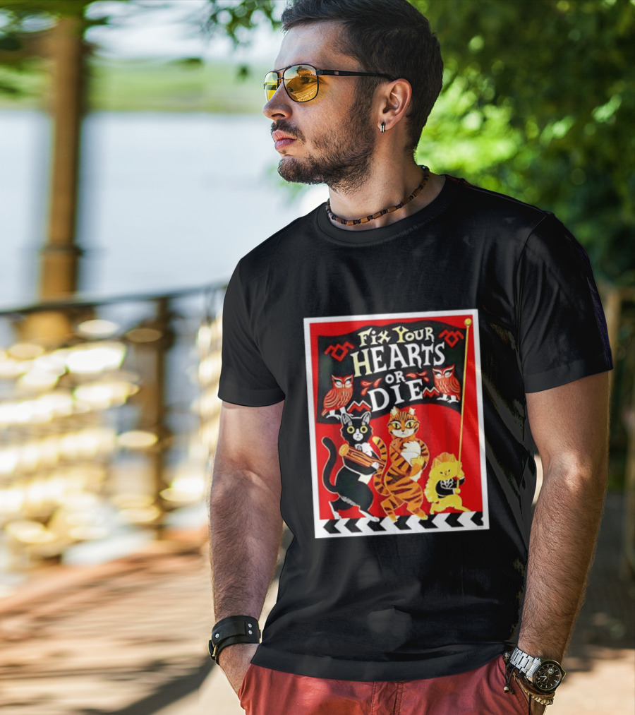 Twin Peaks Cats Fix Your Hearts Or Die David Lynch Owls Red Banner T-Shirt