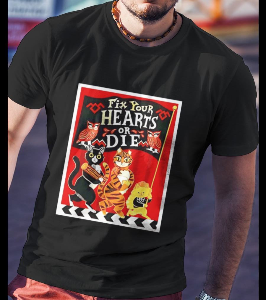 Twin Peaks Cats Fix Your Hearts Or Die David Lynch Owls Red Banner T-Shirt