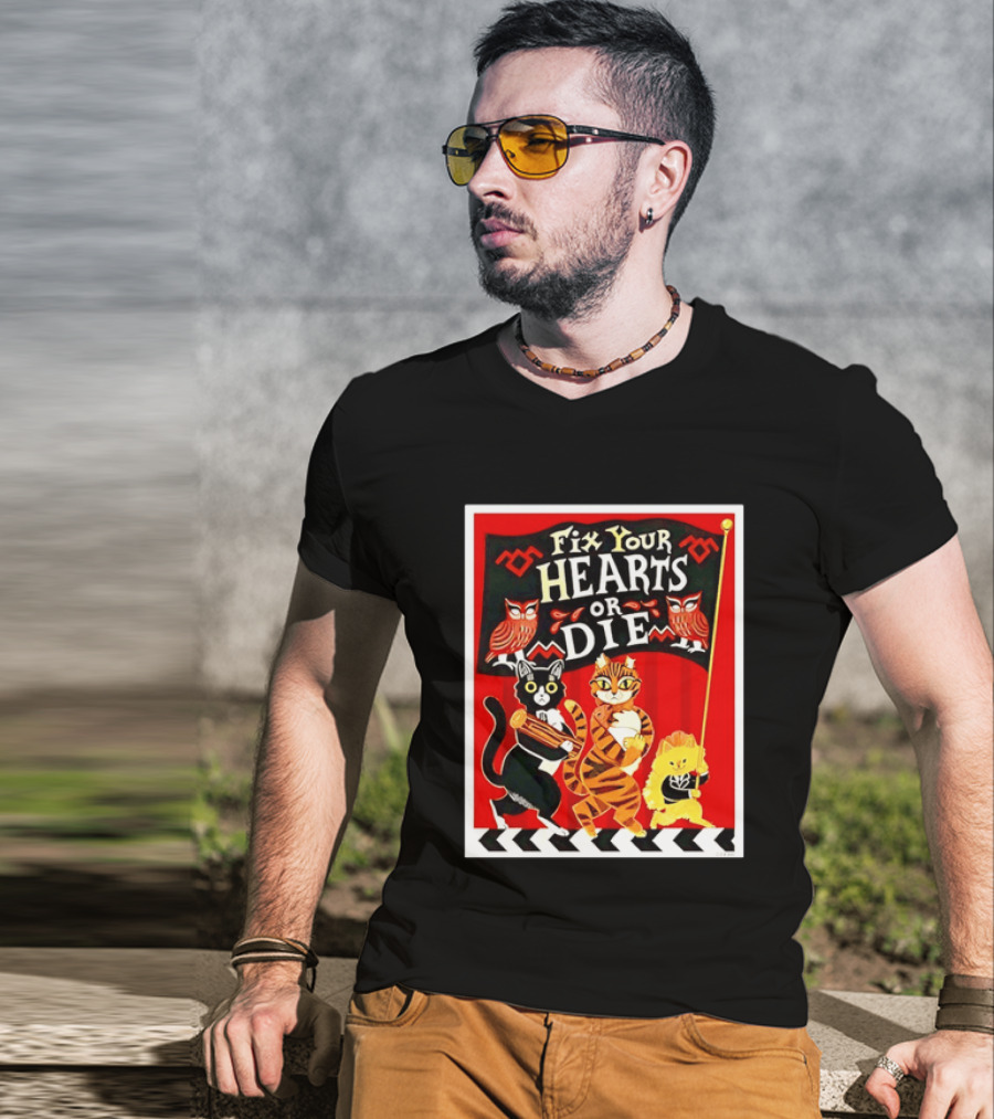 Twin Peaks Cats Fix Your Hearts Or Die David Lynch Owls Red Banner T-Shirt