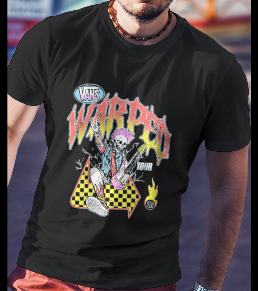 Vans Warped Tour 2026 Punk Rock Skeleton Guitarist With Colorful Mohawk T-Shirt