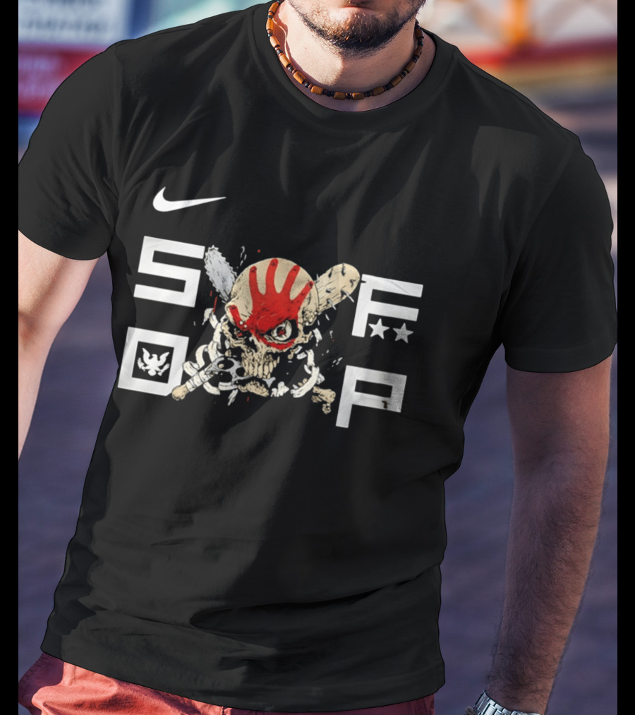 SDFP Skull Chains Brass Knuckles Design With Nike Logo And Red Handprint T-Shirt