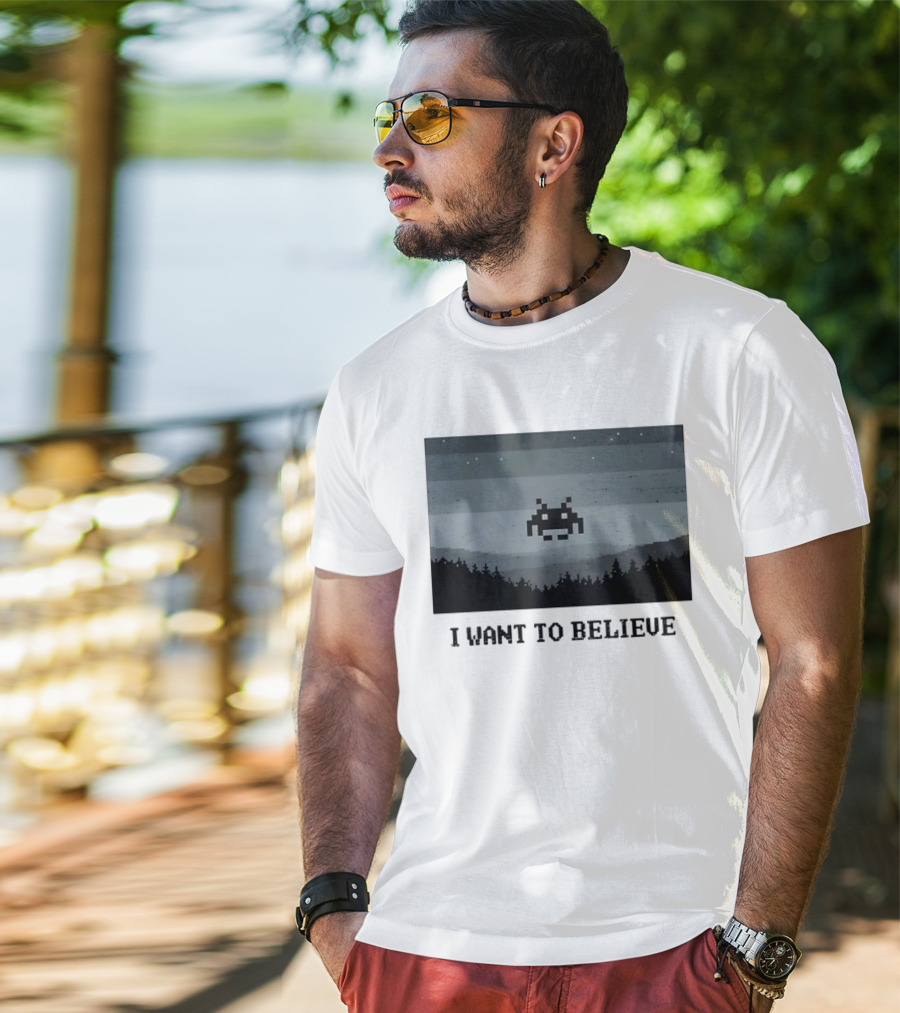 I Want To Believe Space Invader Pixel UFO Forest Scene T-Shirt