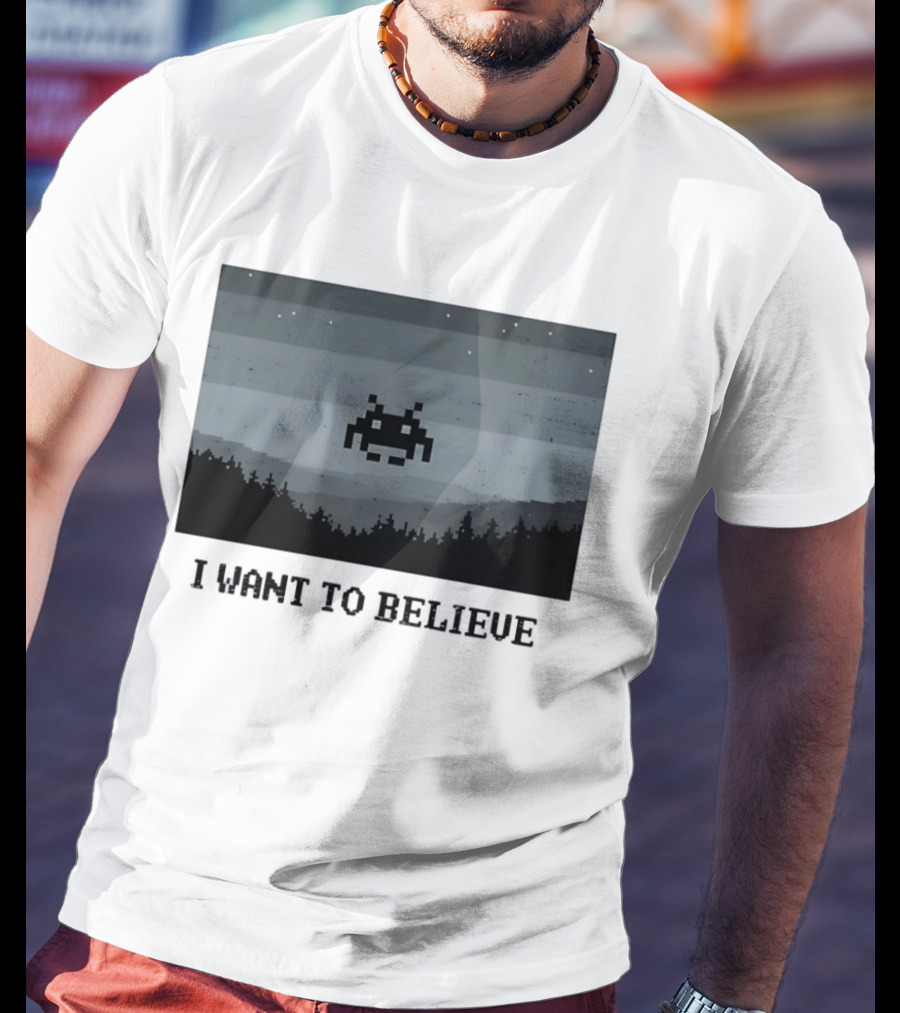 I Want To Believe Space Invader Pixel UFO Forest Scene T-Shirt