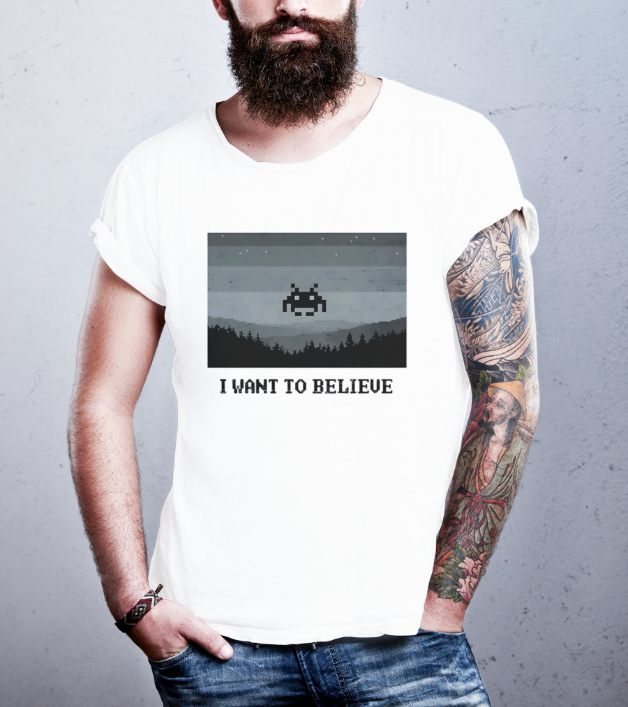 I Want To Believe Space Invader Pixel UFO Forest Scene T-Shirt