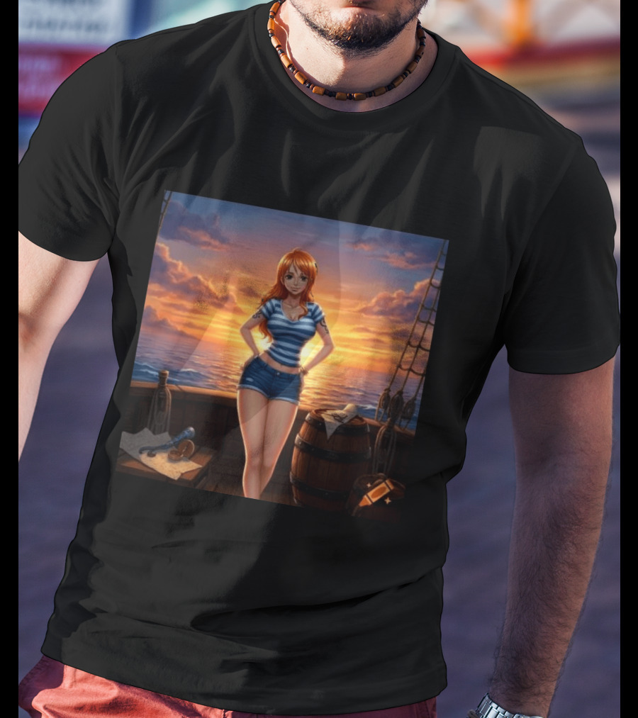 Nami One Piece Joyful Sunset Pirate Ship Ocean Scene T-Shirt