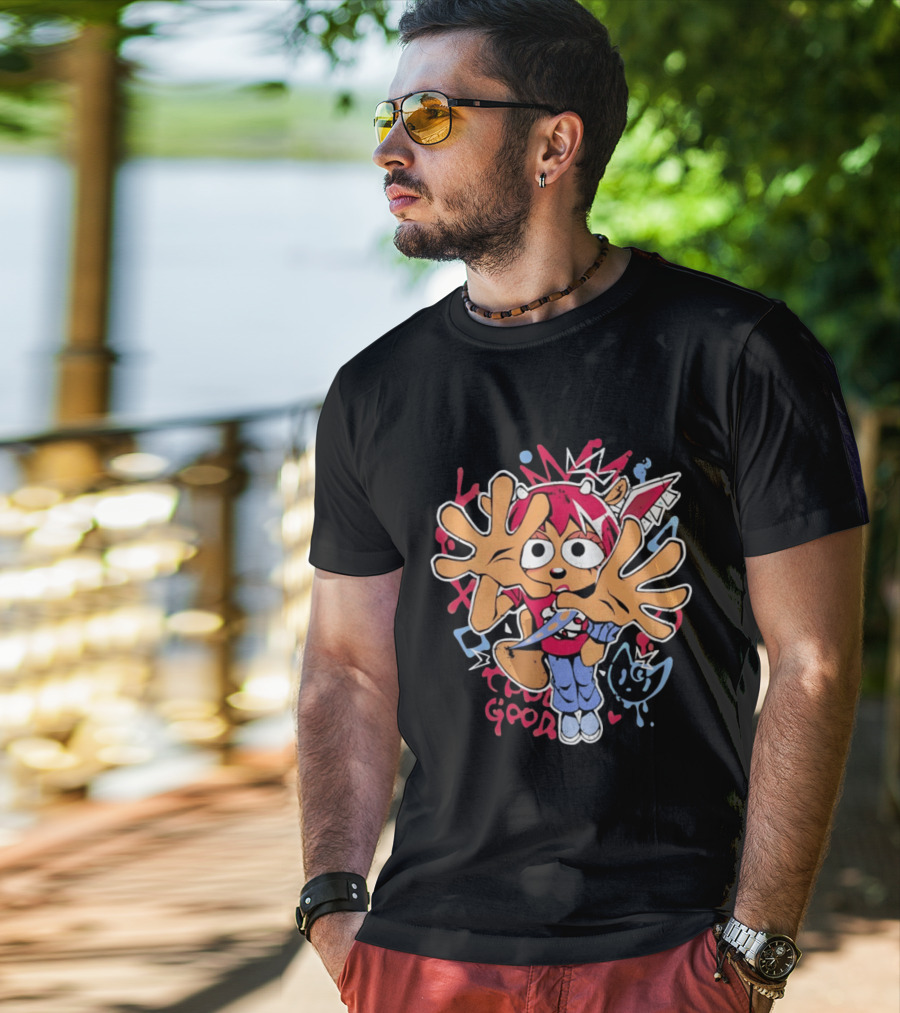 True Good Anime Distressed Graffiti Cartoon Character With Red Hair And Large Hands T-Shirt