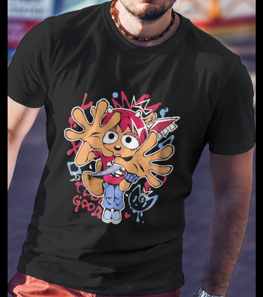 True Good Anime Distressed Graffiti Cartoon Character With Red Hair And Large Hands T-Shirt