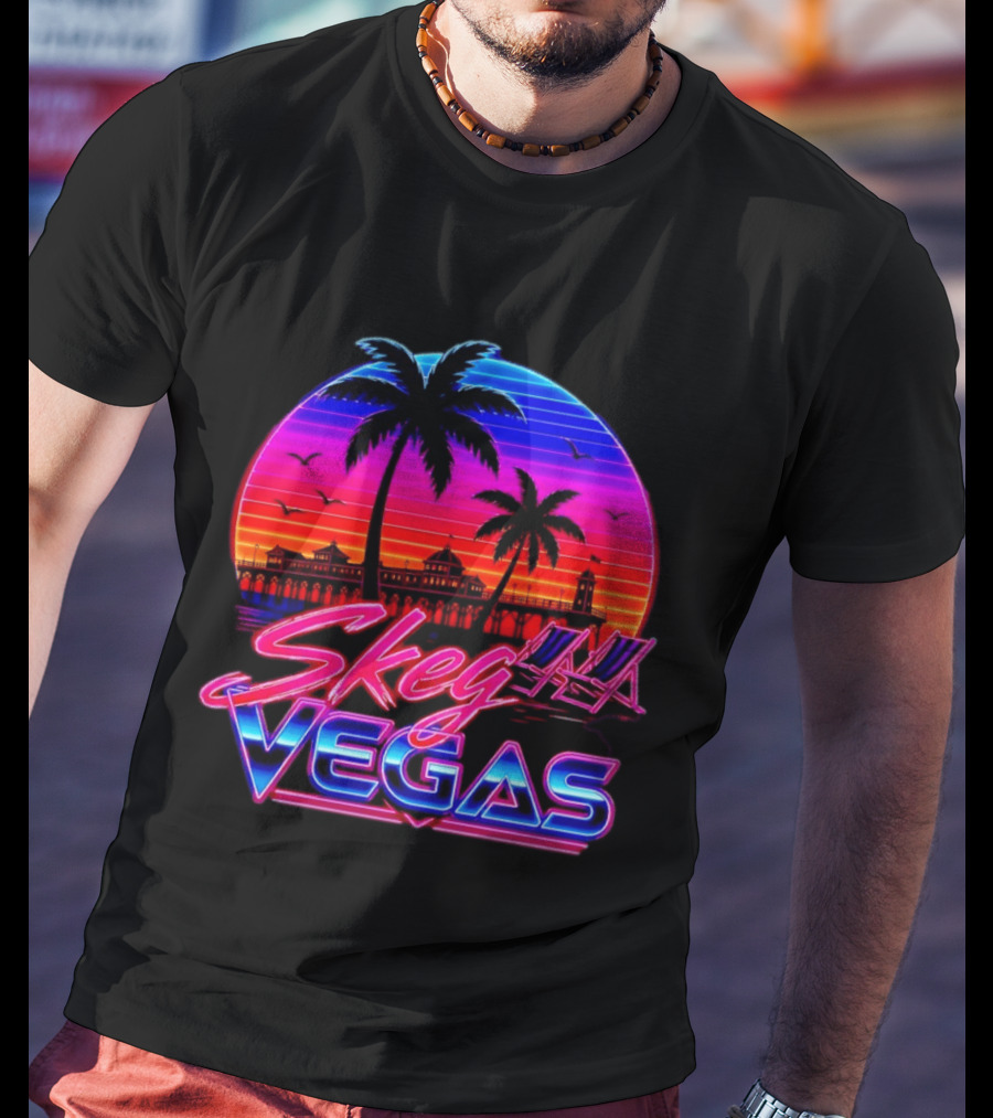 Skeg Vegas Beach Pier Sunset Skegness Retro Neon T-Shirt