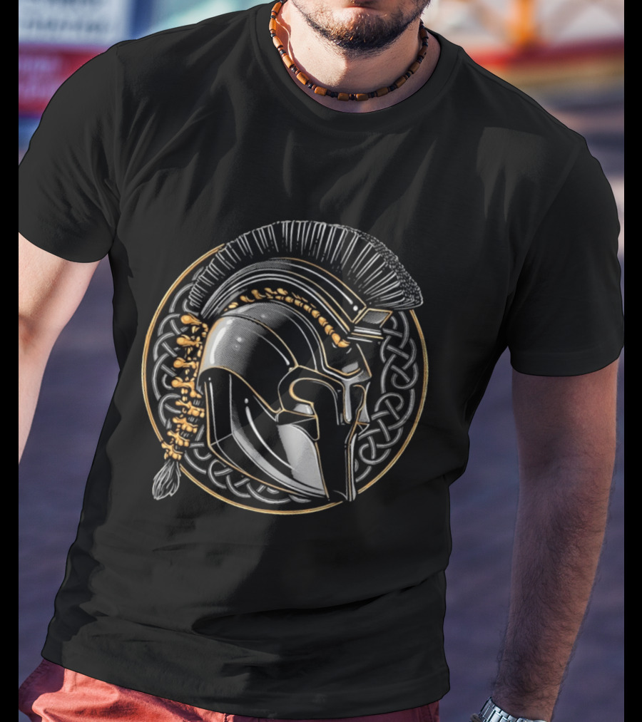 Spartan Helmet Celtic Knot Motif With Braided Spinal Column T-Shirt