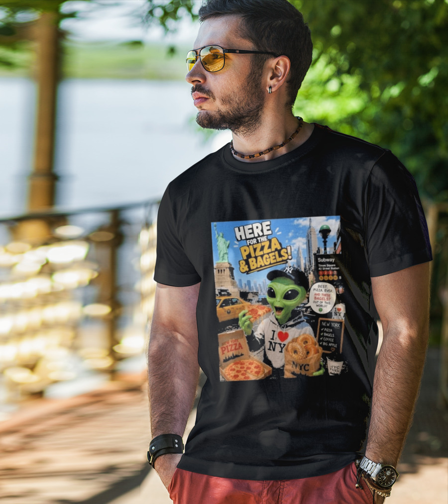 NYC Alien Loves Pizza And Bagels With Statue Of Liberty And Times Square Subway T-Shirt