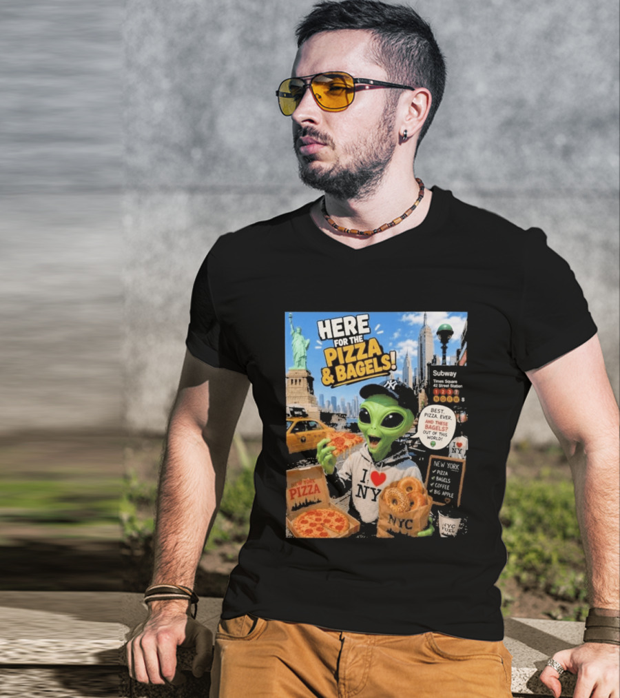 NYC Alien Loves Pizza And Bagels With Statue Of Liberty And Times Square Subway T-Shirt