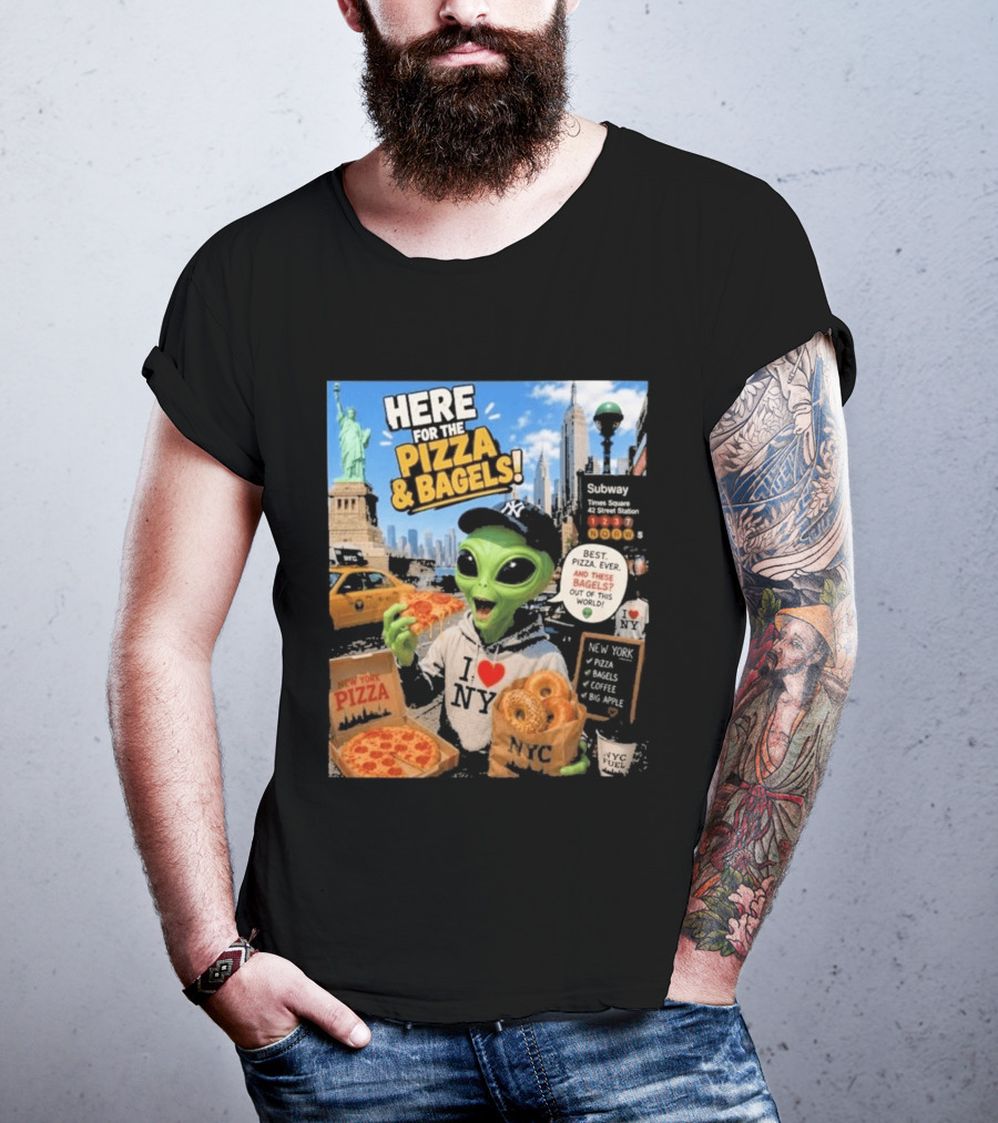 NYC Alien Loves Pizza And Bagels With Statue Of Liberty And Times Square Subway T-Shirt