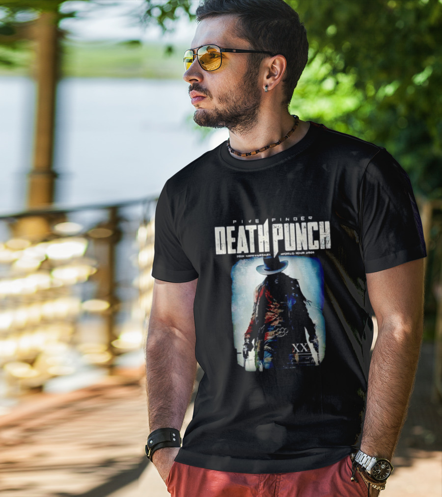 Five Finger Death Punch 20th Anniversary World Tour 2026 Cowboy Imagery With Knuckle Duster And Pistols T-Shirt