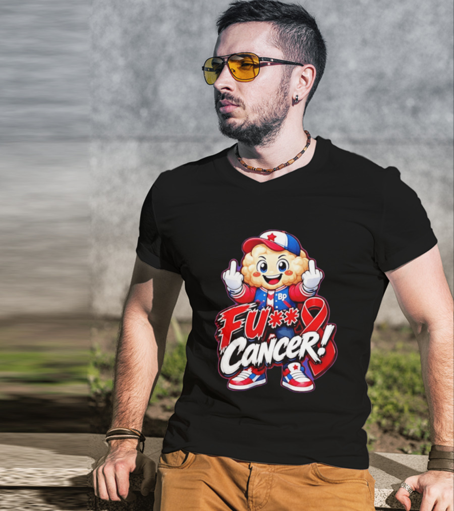 Cancer Awareness With Cauliflower Character And Red Ribbon T-Shirt