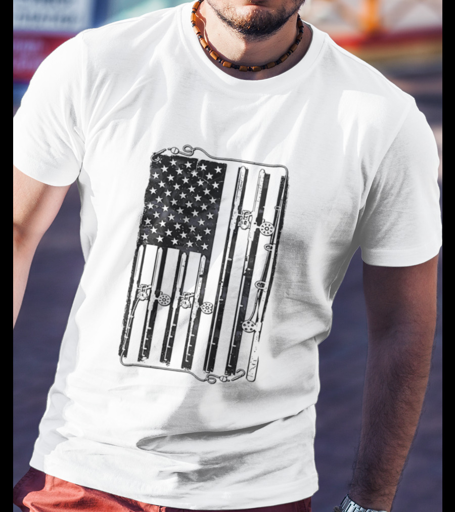 Distressed American Flag Fishing Rod Patriotic USA Angling Stars And Stripes T-Shirt