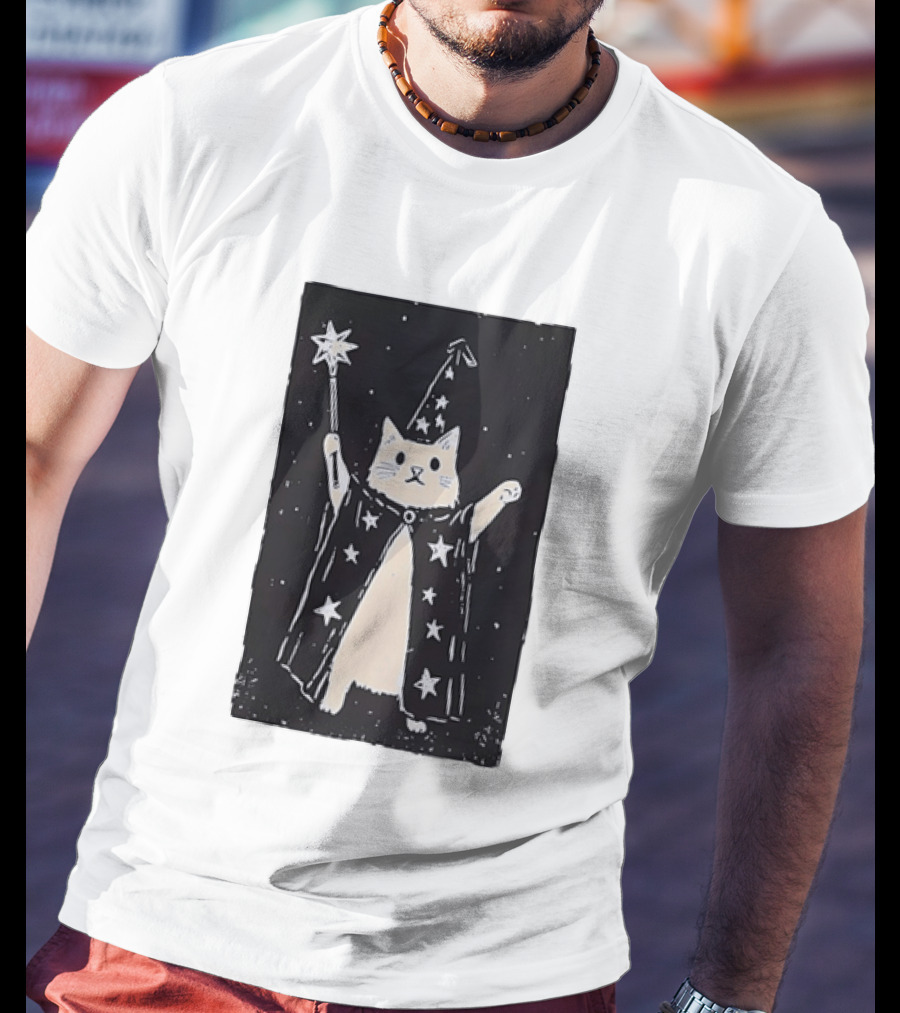 The Magician Cat Tarot Card Wizard Hat Starry Cloak Magic Wand T-Shirt