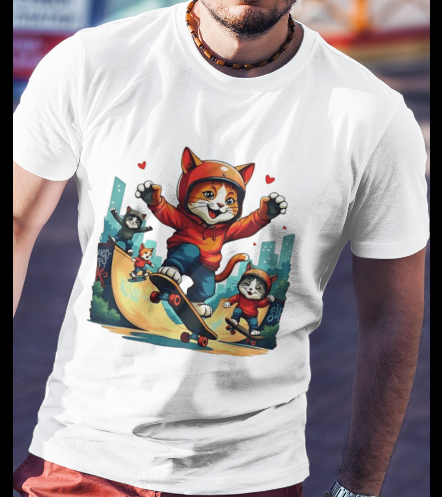 Skateboarding Cats In Helmets With Hearts And Cityscape T-Shirt