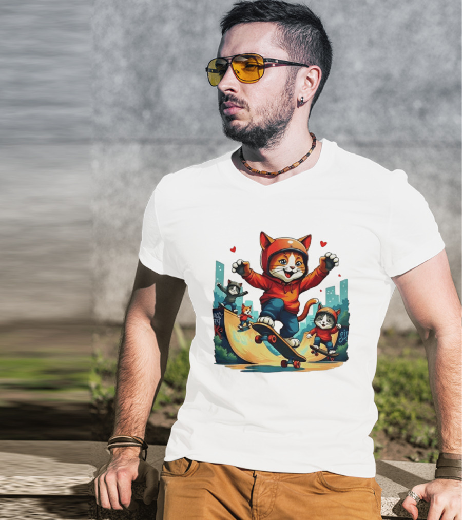 Skateboarding Cats In Helmets With Hearts And Cityscape T-Shirt