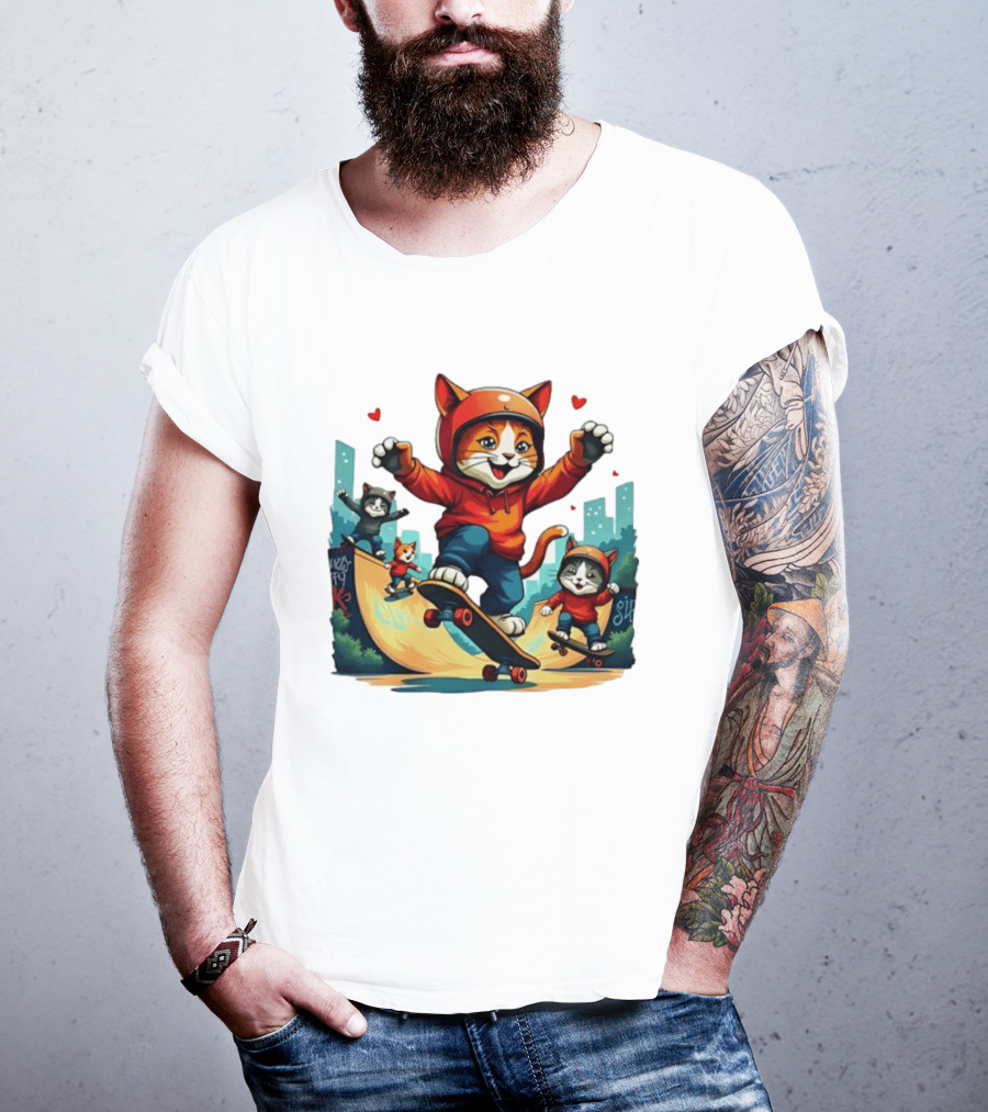Skateboarding Cats In Helmets With Hearts And Cityscape T-Shirt