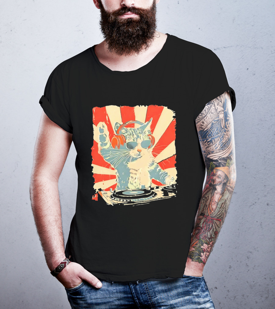 DJ Cat Headphones Sunglasses Retro Style Music Lover T-Shirt
