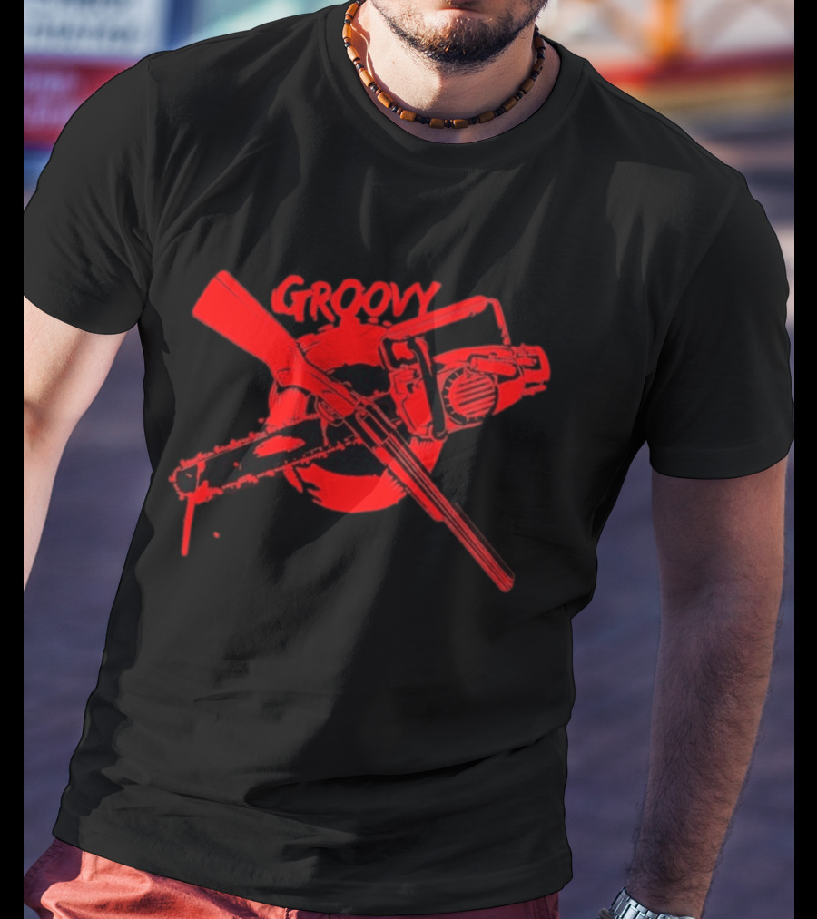 Ash Williams Evil Dead Groovy Chainsaw Shotgun T-Shirt