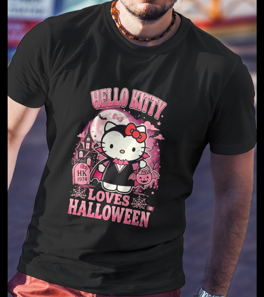Hello Kitty Loves Halloween Vampire Costume Pink Bats And Haunted House T-Shirt
