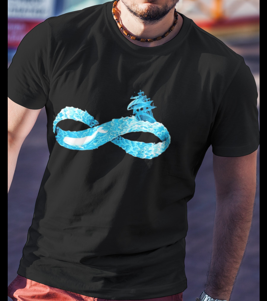 Infinity Symbol With Whale Swimming Beneath Sailing Ship Formed By Ocean Waves T-Shirt