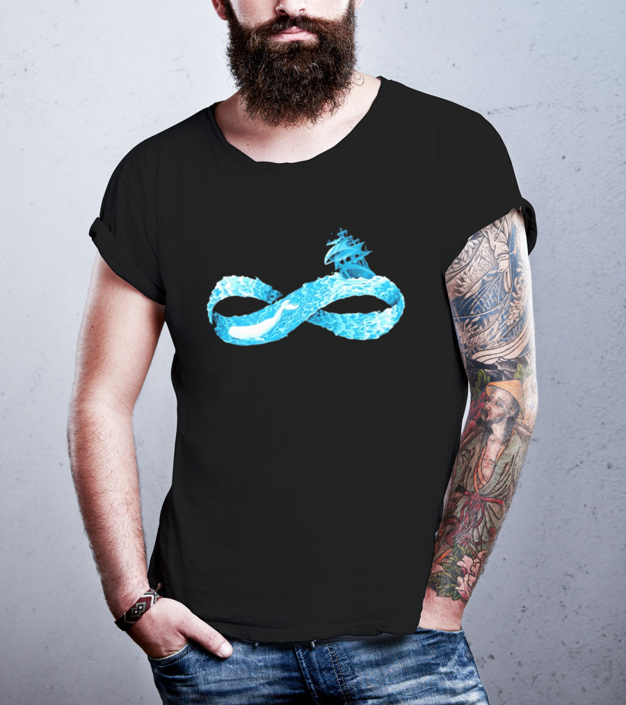 Infinity Symbol With Whale Swimming Beneath Sailing Ship Formed By Ocean Waves T-Shirt