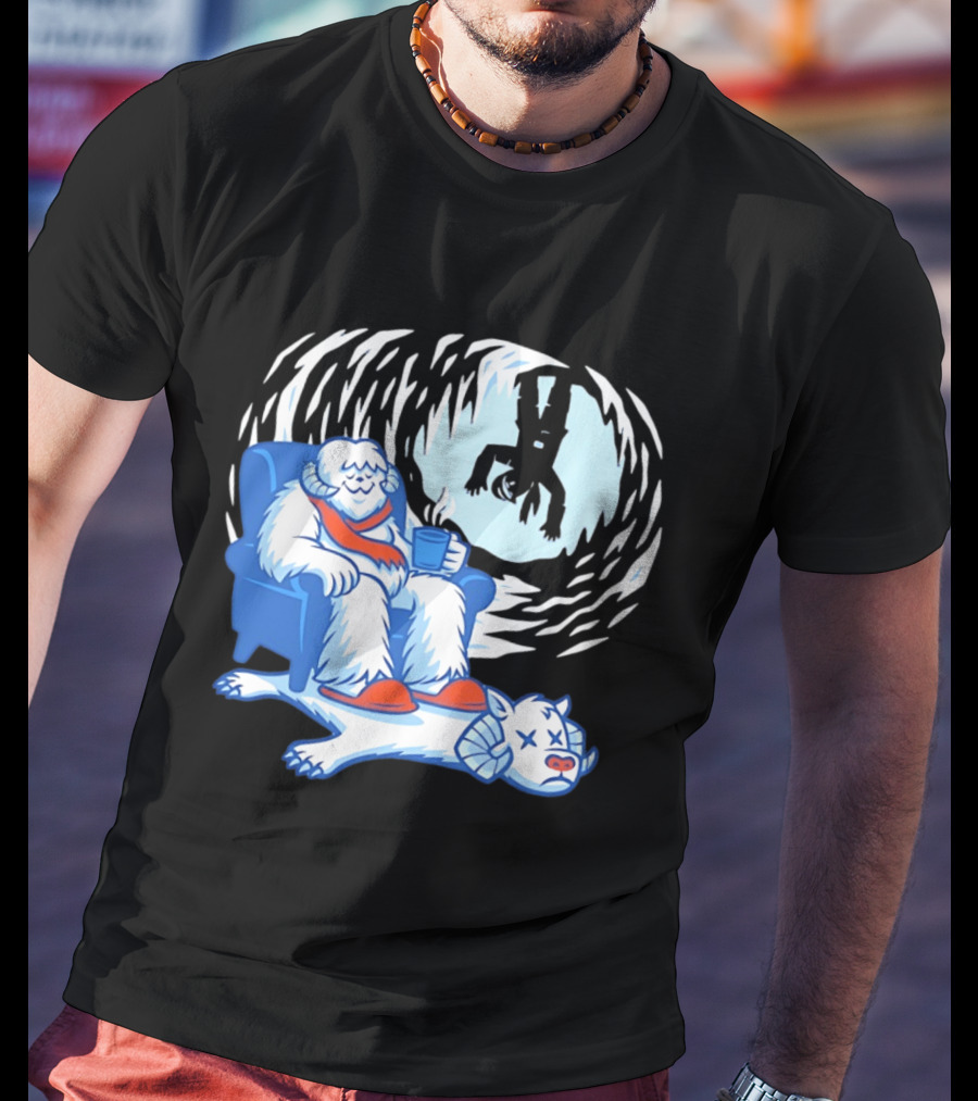 Yeti Relaxing In A Chair With Hot Drink And Abominable Snowman Rug T-Shirt