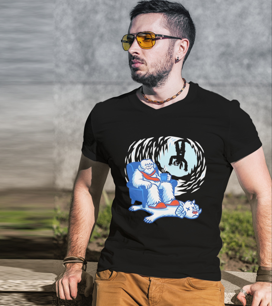 Yeti Relaxing In A Chair With Hot Drink And Abominable Snowman Rug T-Shirt