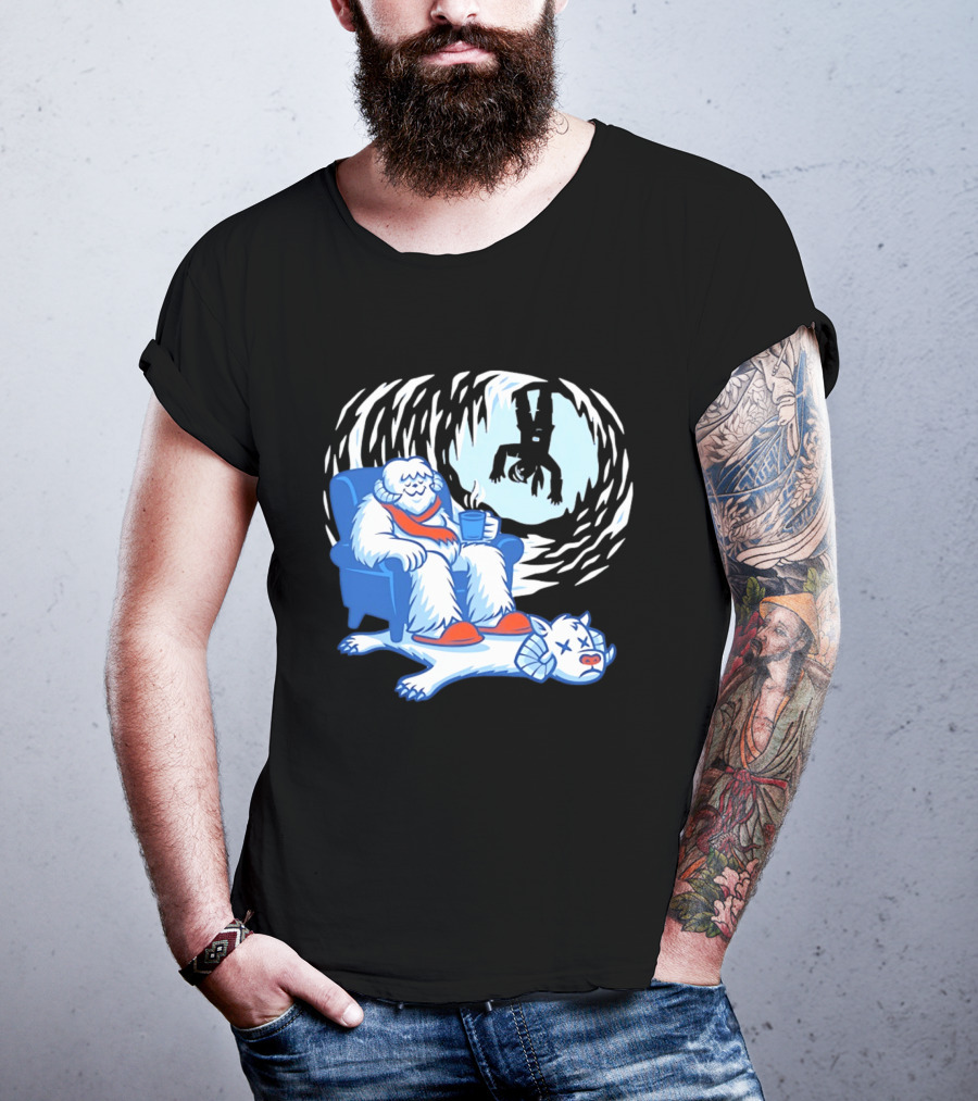Yeti Relaxing In A Chair With Hot Drink And Abominable Snowman Rug T-Shirt