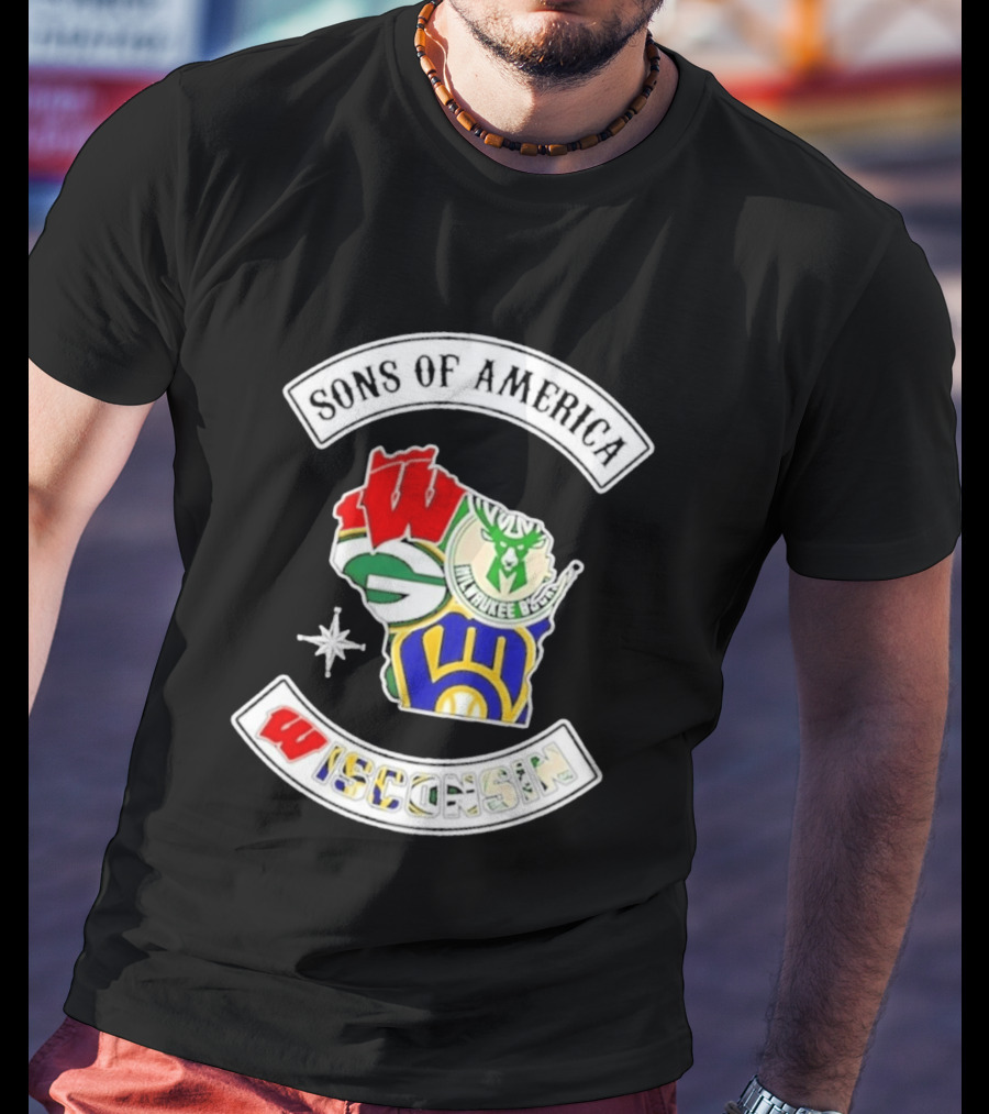 Sons Of America Wisconsin Map Milwaukee Brewers Green Bay Packers Badgers Bucks T-Shirt