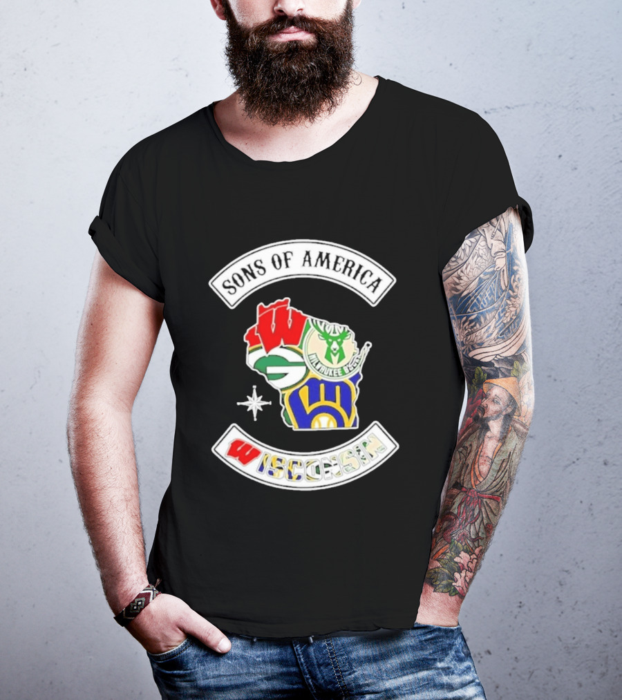 Sons Of America Wisconsin Map Milwaukee Brewers Green Bay Packers Badgers Bucks T-Shirt