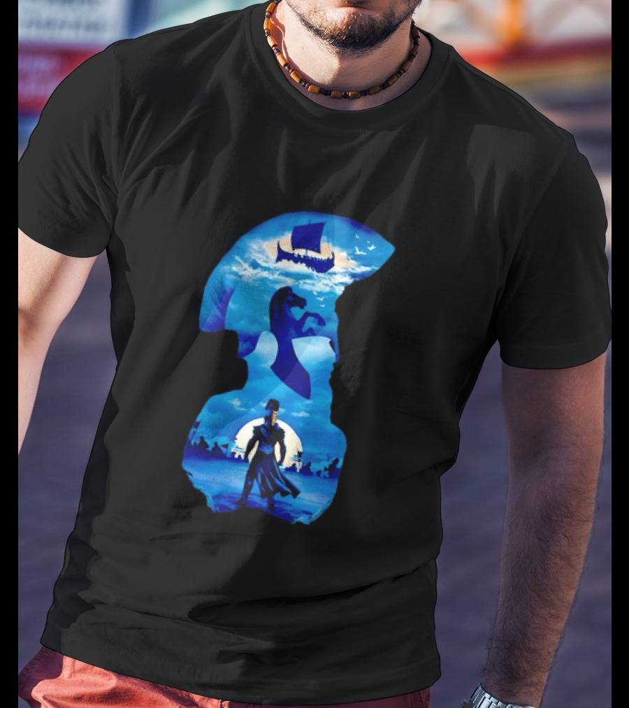 Spartan Warrior With Trojan Horse And Ancient Ship In Mythical Blue Scene T-Shirt