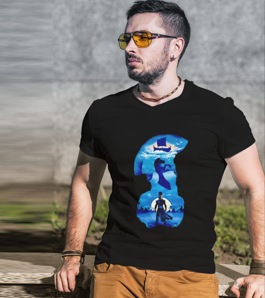 Spartan Warrior With Trojan Horse And Ancient Ship In Mythical Blue Scene T-Shirt