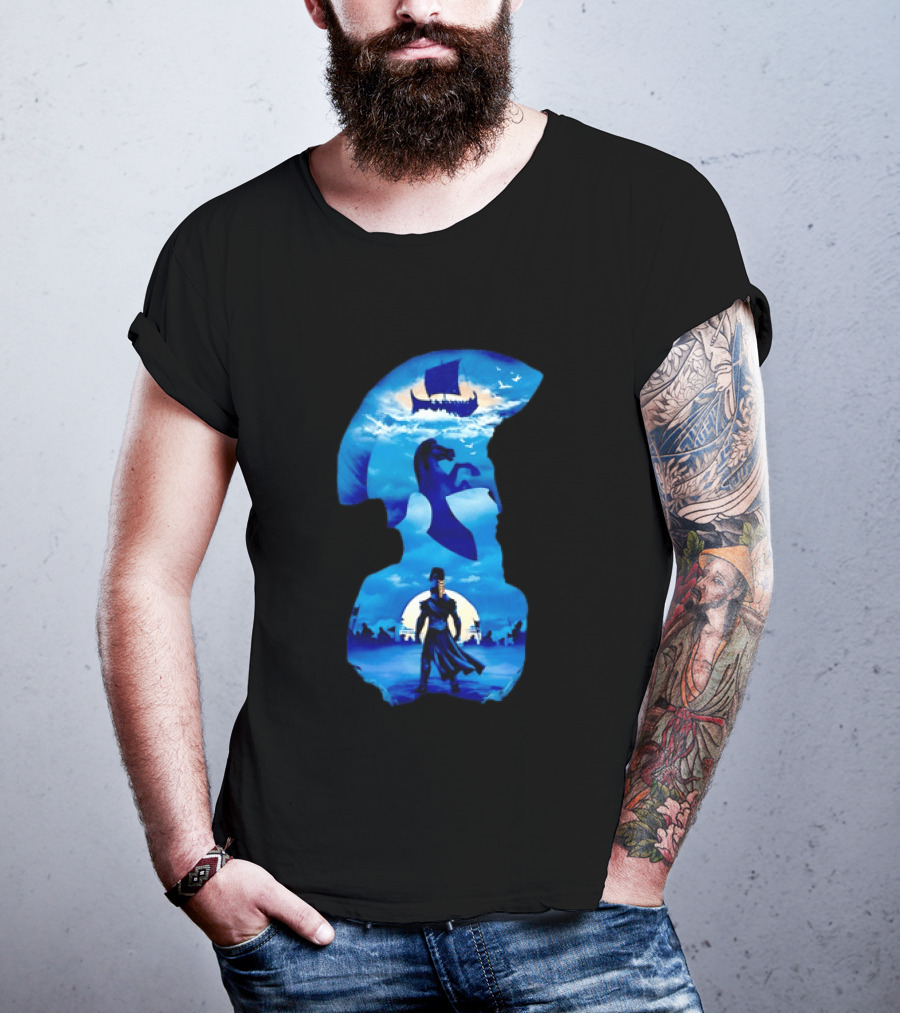 Spartan Warrior With Trojan Horse And Ancient Ship In Mythical Blue Scene T-Shirt