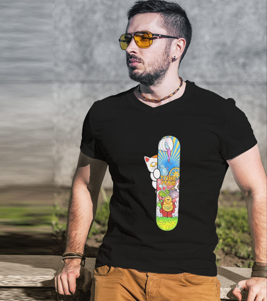 Stinc Team TGF Buddha Cat With Skateboard And Dripping Paint Aesthetic T-Shirt