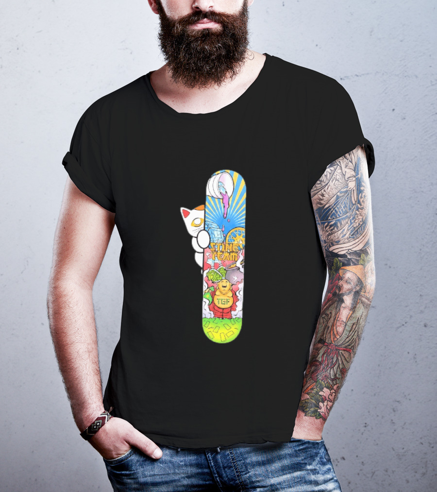 Stinc Team TGF Buddha Cat With Skateboard And Dripping Paint Aesthetic T-Shirt