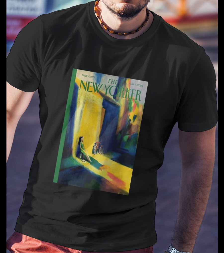 The New Yorker August 3 2026 Pierre Emmanuel Lyet Cover Art Female Figure With Bicycle In Vibrant Alley Scene T-Shirt