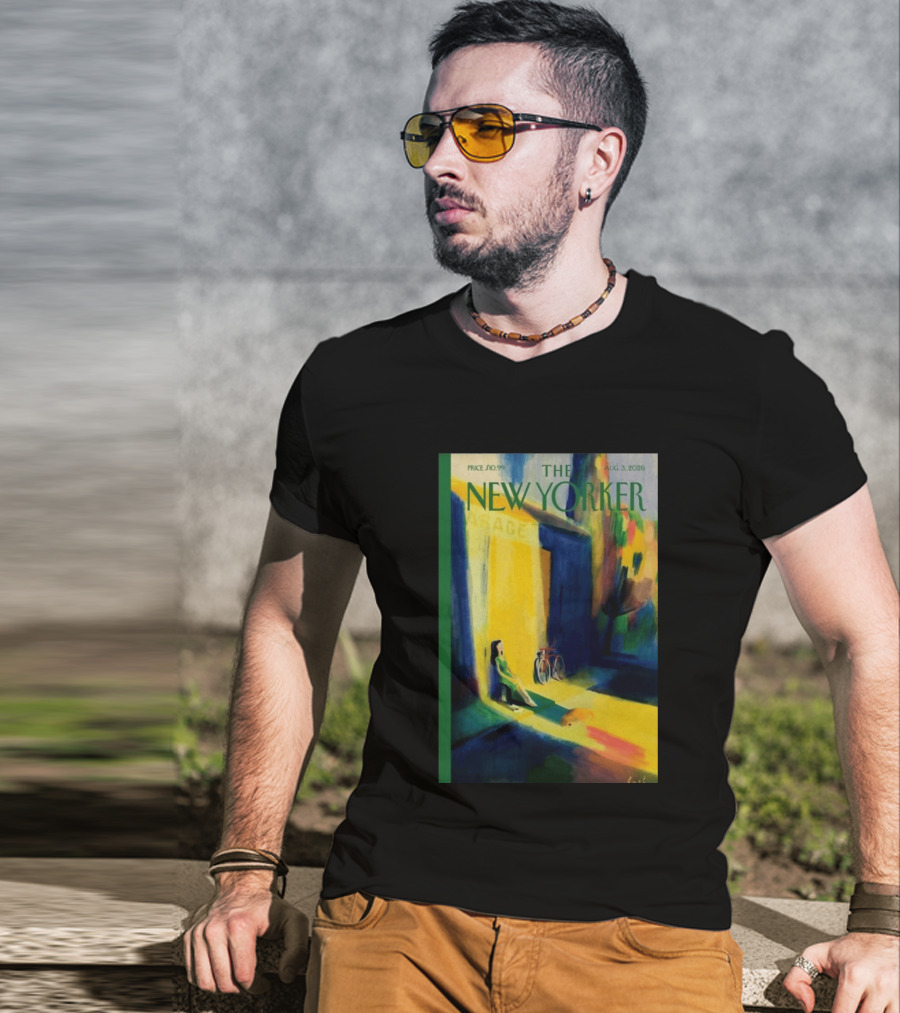 The New Yorker August 3 2026 Pierre Emmanuel Lyet Cover Art Female Figure With Bicycle In Vibrant Alley Scene T-Shirt