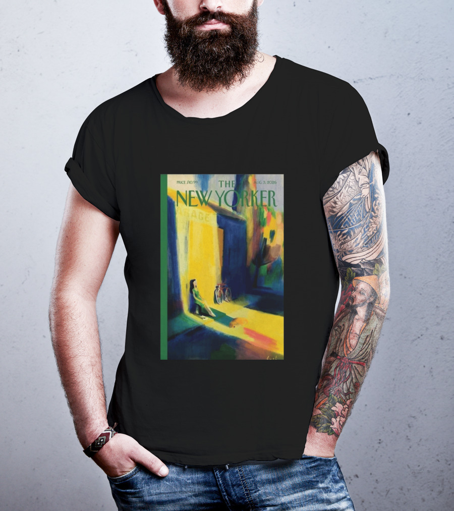 The New Yorker August 3 2026 Pierre Emmanuel Lyet Cover Art Female Figure With Bicycle In Vibrant Alley Scene T-Shirt
